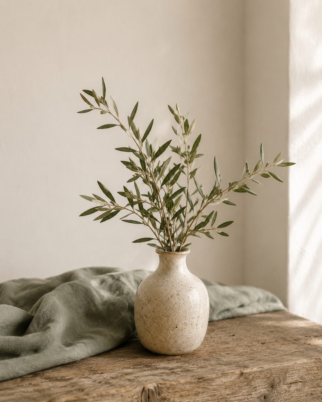 Olive branches in a ceramic vase on a rustic table