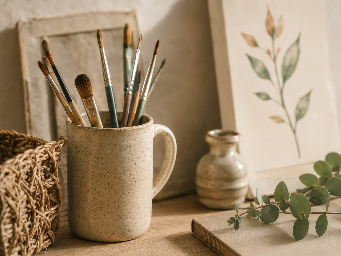 Paint brushes and botanical artwork on a warm handmade studio desk