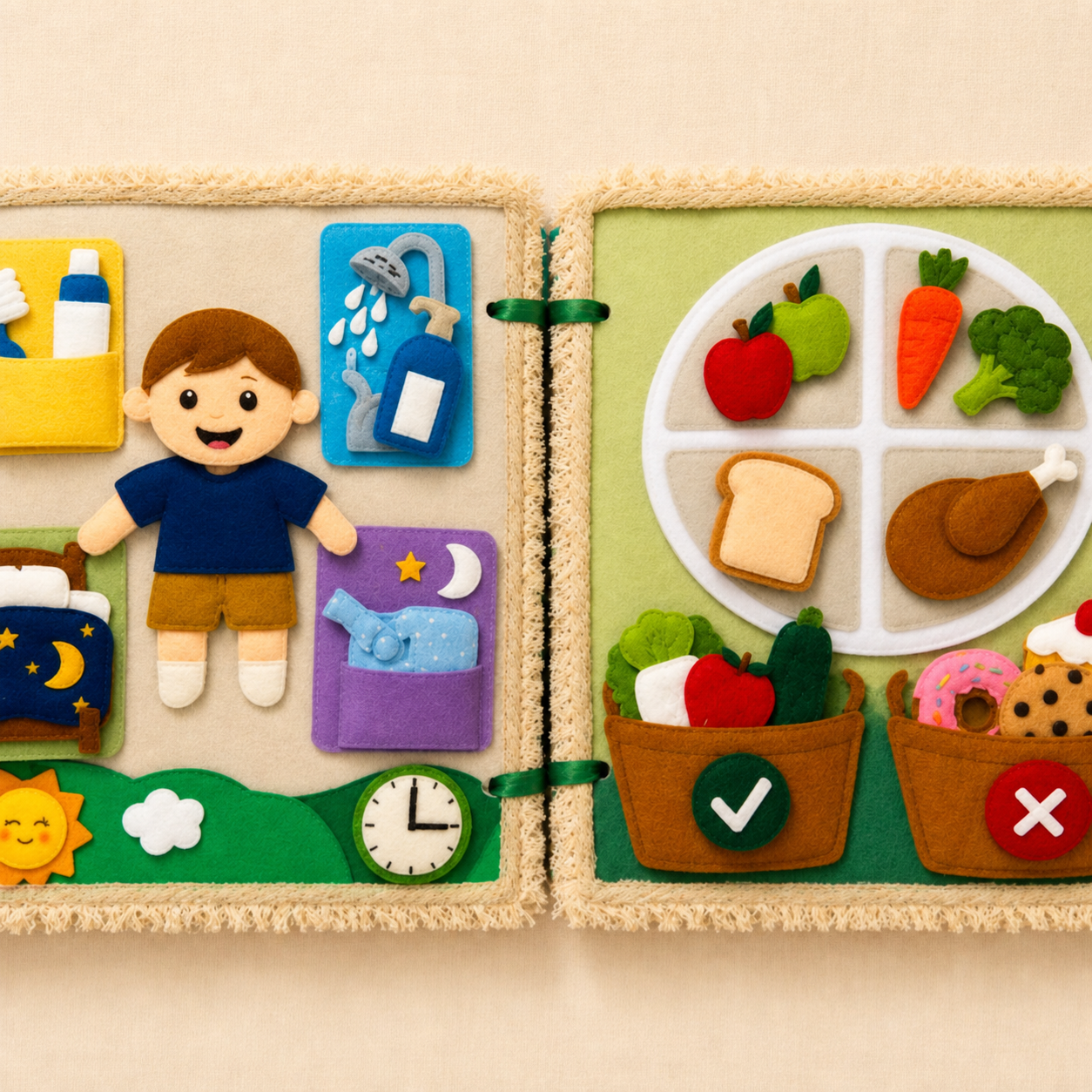 Open felt quiet book with daily routine and food sorting activities