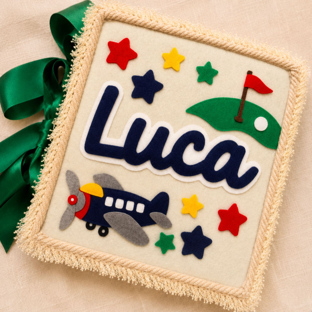 Personalised Luca felt quiet book cover with plane and golf details