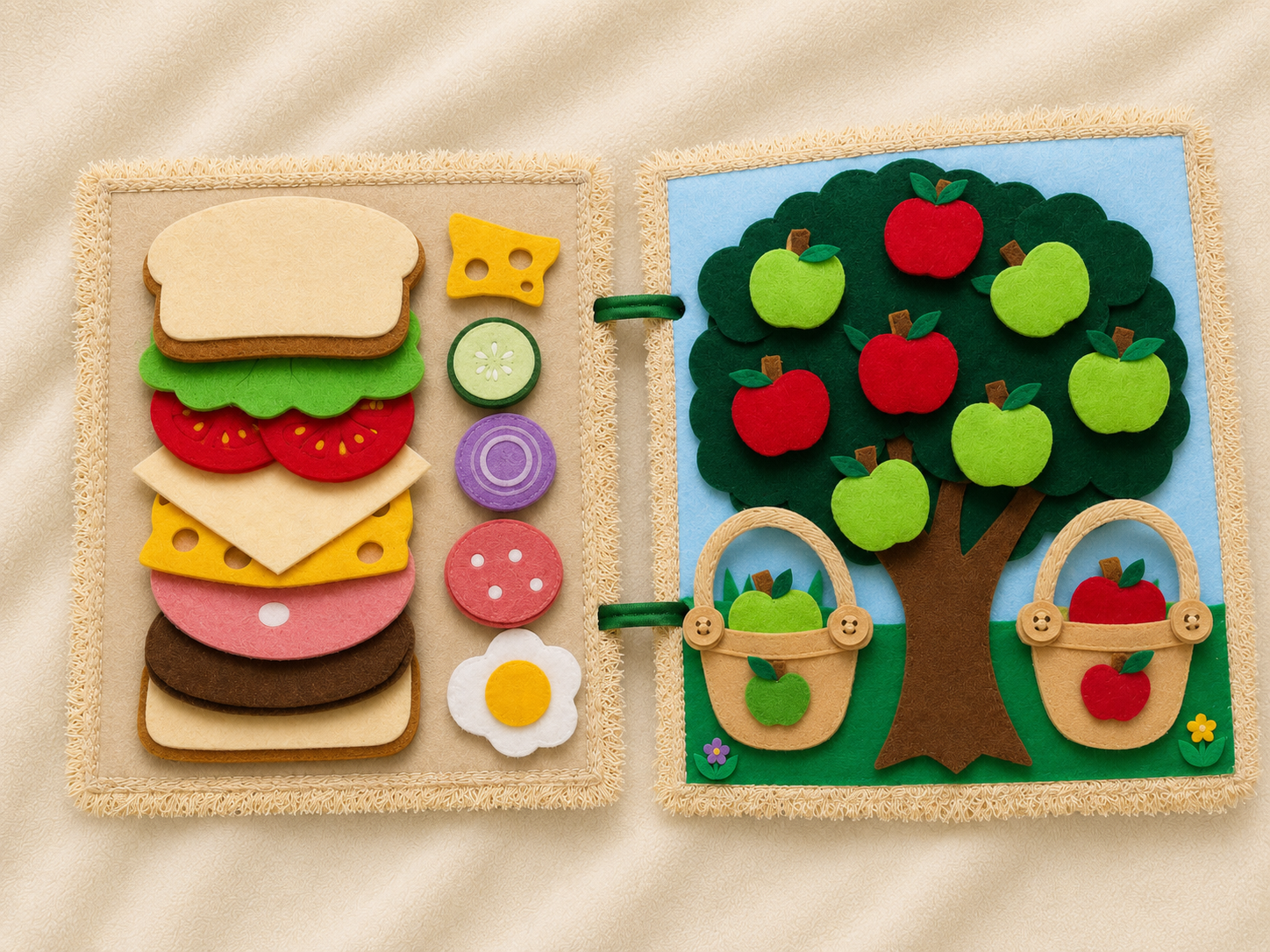 Open quiet book with sandwich and apple tree activity pages