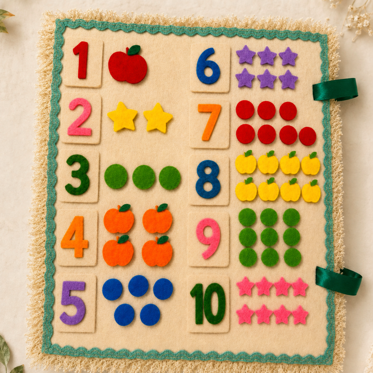 Felt number counting activity page from one to ten