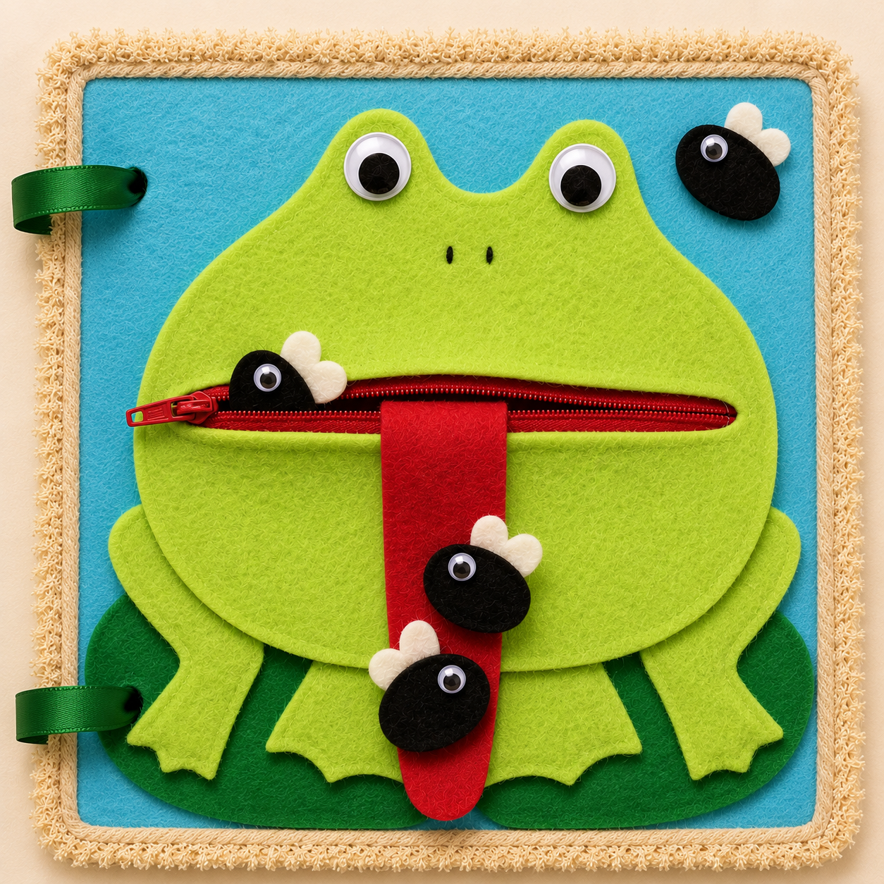 Felt frog zipper activity page with flies