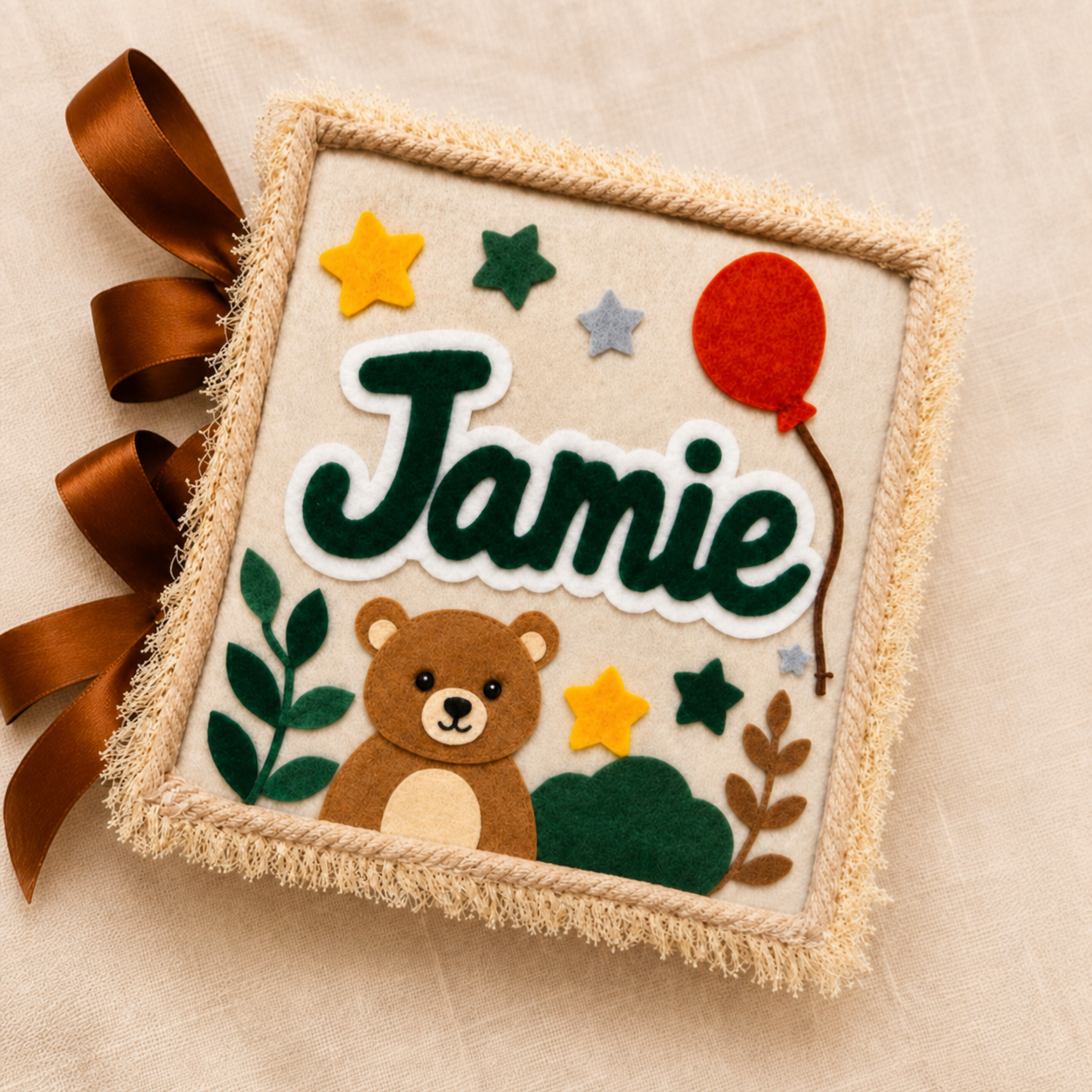 Personalised Jamie felt quiet book cover with teddy bear