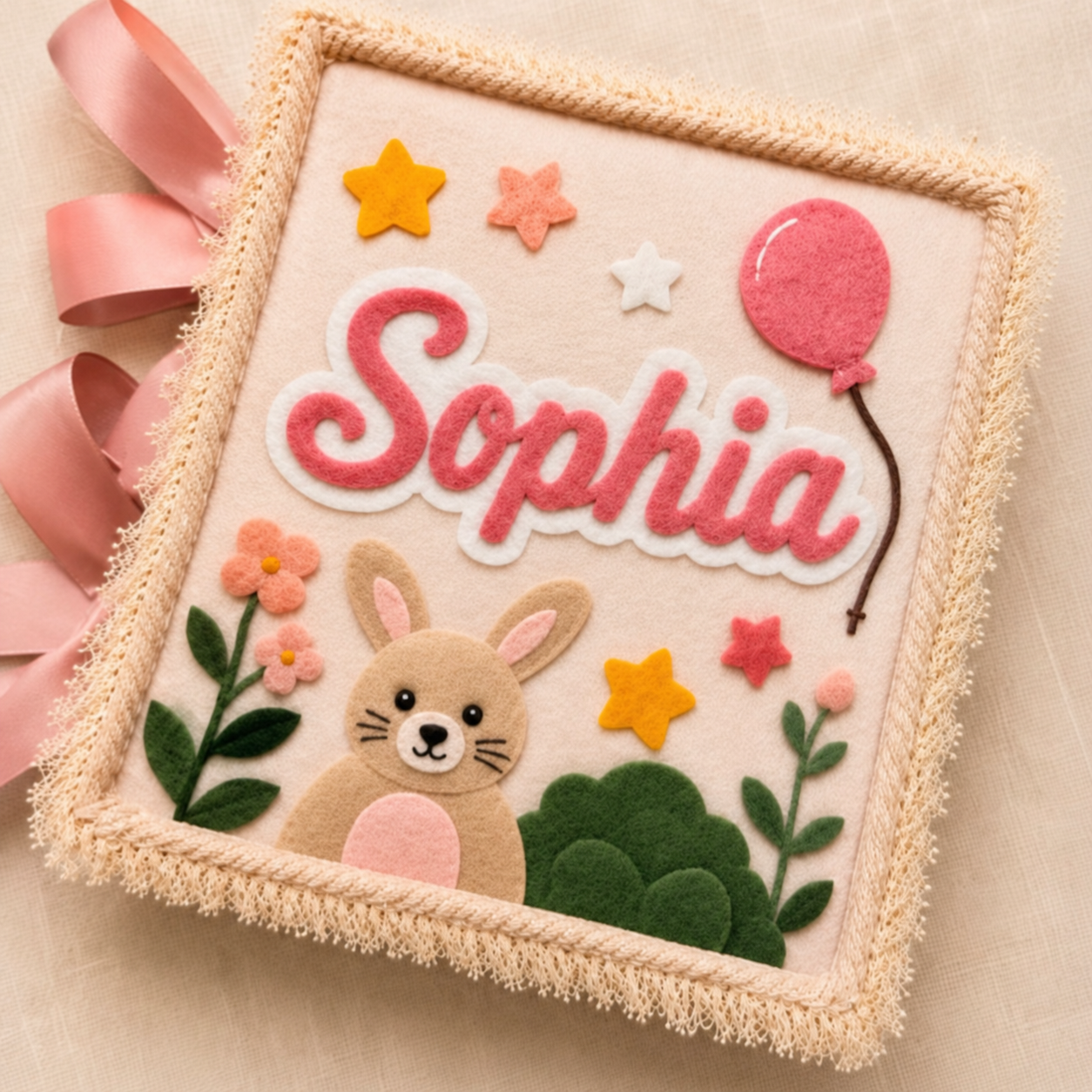 Personalised Sophia felt quiet book cover with bunny