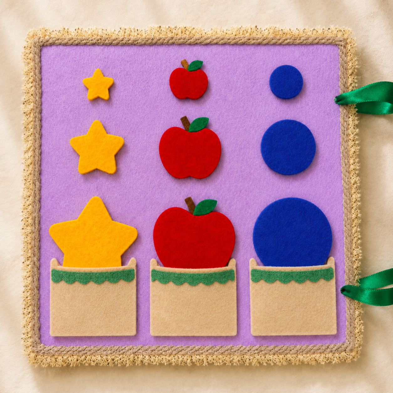 Felt size sorting activity with stars apples and circles