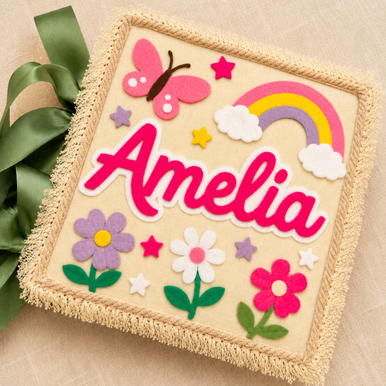 Personalised Amelia felt quiet book cover with flowers and rainbow